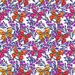 Watercolor seamless pattern with butterflies.