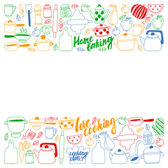 Vector set of children's kitchen and cooking drawings icons in doodle style. Painted, colorful, pictures on a piece of paper on white background.