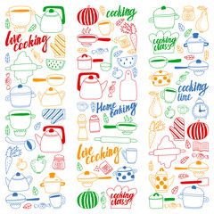 Vector set of children's kitchen and cooking drawings icons in doodle style. Painted, colorful, pictures on a piece of paper on white background.