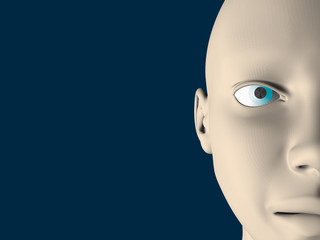 Background with half a human face with blue eyes. 3D. Vector illustration