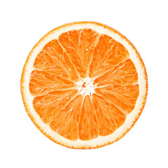 Juicy fresh orange slice with peel on a white isolated background. Close up. Side view.