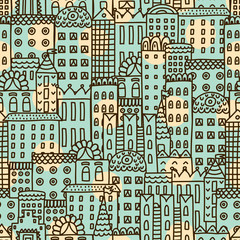Home sweet home. Cute seamless pattern with houses. Town.
