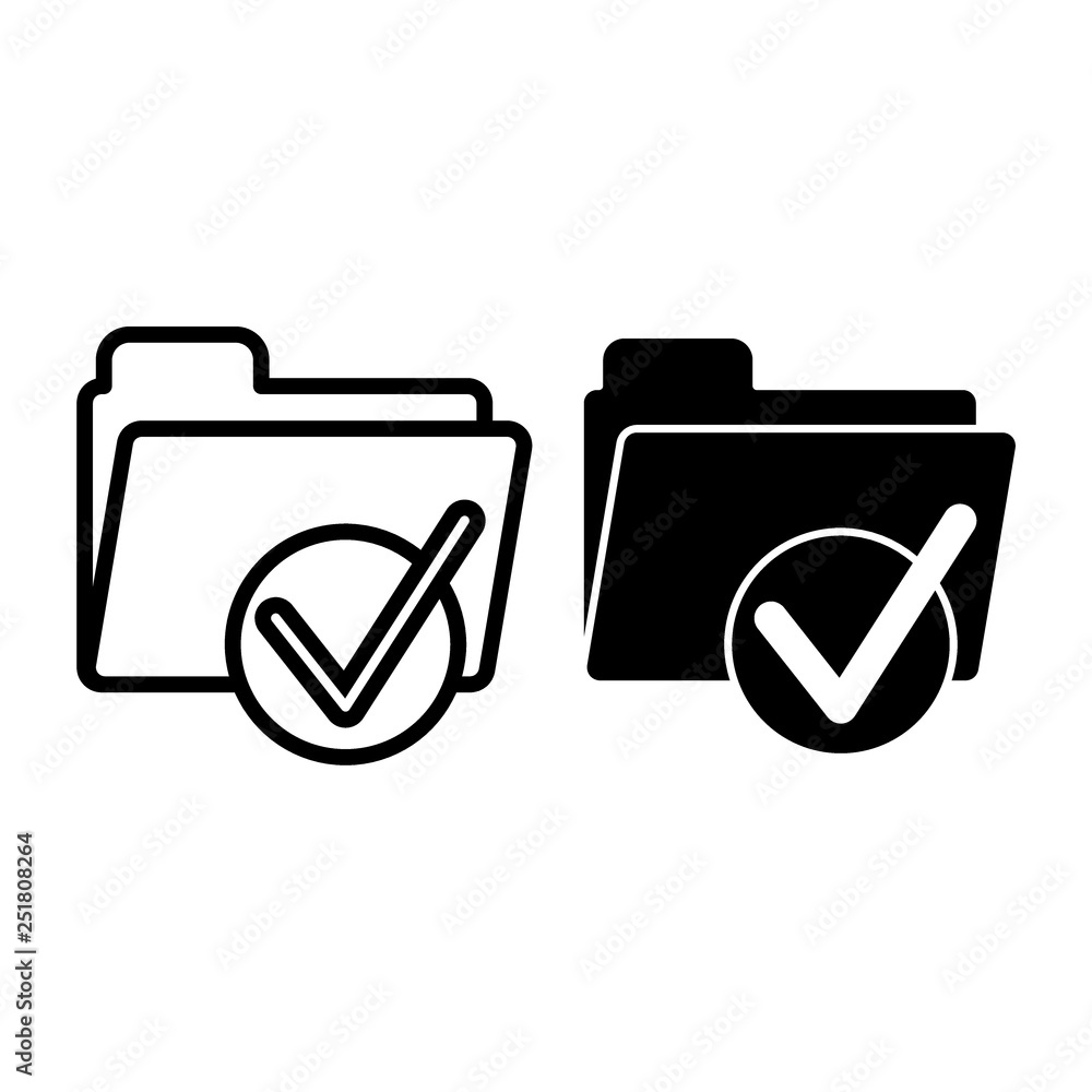 Poster Folder with tick line and glyph icon. Ready sign on folder vector illustration isolated on white. Document folder with check mark outline style design, designed for web and app. Eps 10.