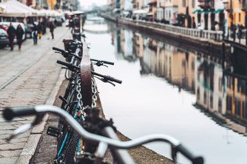 Closup view of parked bicycles, Milan, Italy