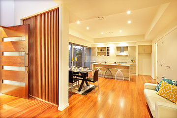 Luxurious kitchen  design with wooden floor and furnitures.