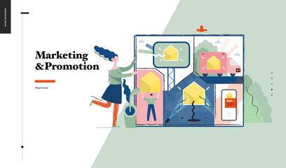 Technology 1 -Marketing and Promotion modern flat vector concept digital illustration marketing metaphor, company brand promotion. Business workflow management Creative landing web page design