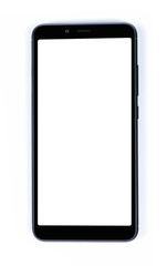 A modern black smartphone with blank screen isolated on white