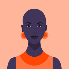 Beautiful African girl. Diversity. Portrait of a young woman without hair. Avatar. Vector flat illustration.