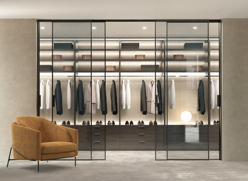 3d render of a modern luxury walk in closet with an orange armchair