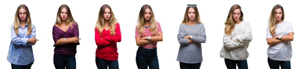 Collage of young beautiful blonde woman over isolated background skeptic and nervous, disapproving expression on face with crossed arms. Negative person.