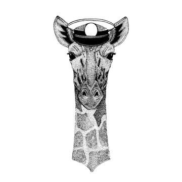 Camelopard, giraffe Hand drawn image for tattoo, emblem, badge, logo, patch, t-shirt