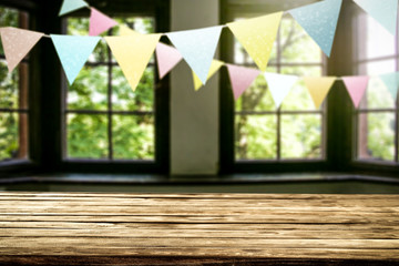 Desk of free space and spring window decoration 