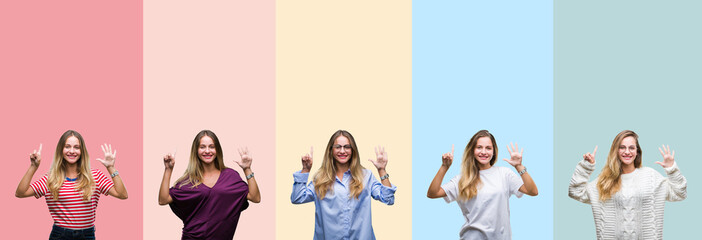 Collage of beautiful young woman over colorful stripes isolated background showing and pointing up with fingers number six while smiling confident and happy.