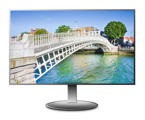 The most famous bridge in Dublin called Half penny bridge due to the toll charged for the passage - 3D rendering concept image with a computer monitor display