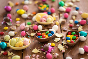 easter, sweets and confectionery concept - close up of chocolate eggs and candy drops on wooden table