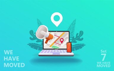 We have moved vector illustration concept. We have moved new office icon location.  Change location announcement business home map. Use for, landing page, template, ui, web, mobile app, poster, banner