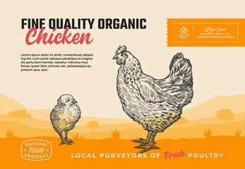 Fototapeta Fine Quality Organic Poultry. Abstract Vector Meat Packaging Design or Label. Modern Typography and Hand Drawn Chicken with Chick Silhouettes. Rural Pasture Landscape Background Layout with Banner obraz