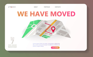 We have moved vector illustration concept. We have moved new office icon location.  Change location announcement business home map. Use for, landing page, template, ui, web, mobile app, poster, banner