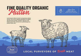 Fine Quality Organic Mutton. Abstract Vector Meat Packaging Design or Label. Modern Typography and Hand Drawn Sheep with Lamb Silhouettes. Rural Pasture Landscape Background Layout with Banner © createvil