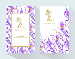 Iris flower logo in the style of engraving. Beauty logo.  Beauty Bar. Vector Brochure flyer design template. Romantic design for natural cosmetics, perfume, women products.