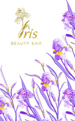 Obraz na płótnie Canvas Iris flower logo in the style of engraving. Beauty logo. Beauty Bar. Brochure flyer design template. Romantic design for natural cosmetics, perfume, women products.