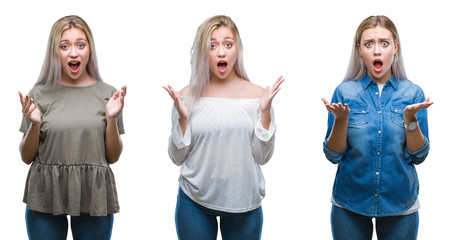 Collage of beautiful blonde young woman over isolated background afraid and shocked with surprise expression, fear and excited face.