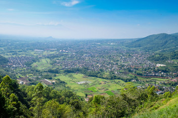 Fototapeta na wymiar Aerial view of forest nature at Batu Malang city in East java, Indonesia. One of the best destination in east java