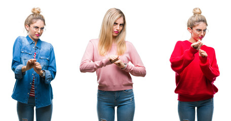 Fototapeta premium Collage of young beautiful blonde woman over isolated background disgusted expression, displeased and fearful doing disgust face because aversion reaction. With hands raised. Annoying concept.