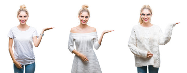 Collage of young beautiful blonde woman over white isolated background smiling cheerful presenting and pointing with palm of hand looking at the camera.