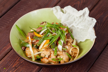  fresh and bright, meat salad from various and appetizing vegetables for designer solutions in cooking