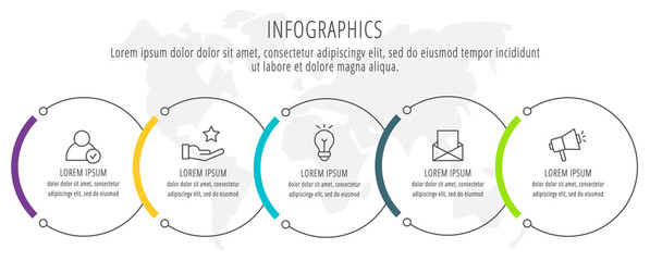 Modern and simple flat vector illustration. Infographic template with five circles, elements, sectors and percentages. Designed for business, presentations, web design, interface 5 step diagrams