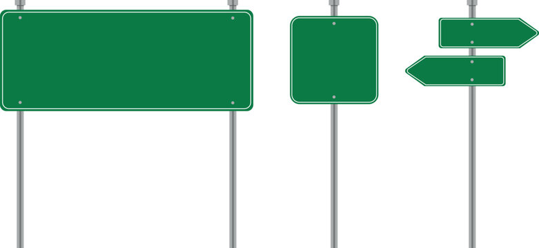 Naklejki Road signs vector illustration. Vector green plate road signs templates for pointing direction. Isolated on white background.