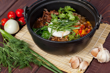  fresh and bright, meat salad from various and appetizing vegetables for designer solutions in cooking