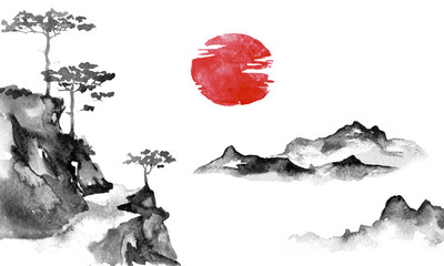 Japan traditional sumi-e painting. Indian ink illustration. Japanese picture. Sun and mountains