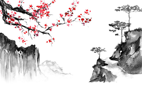 Japan traditional sumi-e painting. Indian ink illustration. Japanese picture. Sakura and mountains