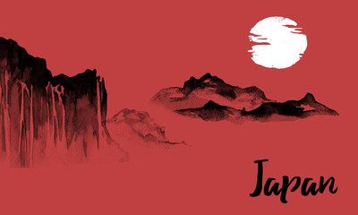 Japan traditional sumi-e painting. Indian ink illustration. Hills and mountains. Japanese picture.