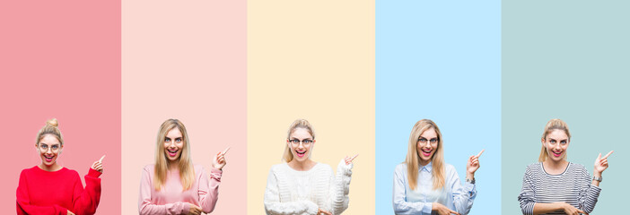 Collage of young beautiful blonde woman over vivid colorful vintage isolated background with a big smile on face, pointing with hand and finger to the side looking at the camera.