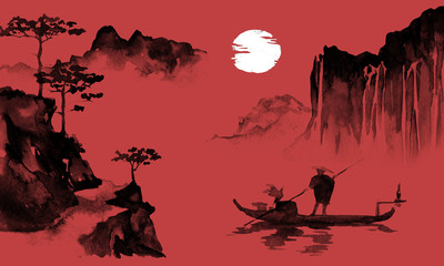 Japan traditional sumi-e painting. Indian ink illustration. Man and boat. Sunset, dusk. Japanese picture.