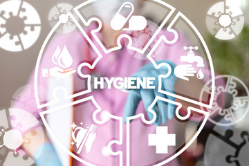 Obraz premium Doctor uses on a virtual screen of the future touching the word: HYGIENE. Hygieniс cleaning medical rules training. Hygiene health concept.