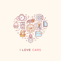 The composition of automotive icons. Set of vector icons of automotive topic. Icons arranged in the shape of heart. Automobile items. Thin line art design. I love cars