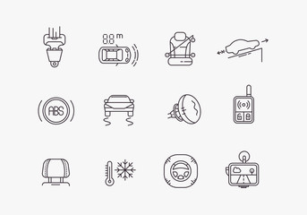 Set of automobile safety equipment. Cars safety line icons set. Automobile items. Thin line art design.