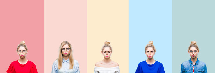 Collage of beautiful blonde woman over colorful stripes isolated background puffing cheeks with funny face. Mouth inflated with air, crazy expression.