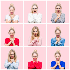 Fototapeta na wymiar Collage of young beautiful blonde woman over pink isolated background shouting and suffocate because painful strangle. Health problem. Asphyxiate and suicide concept.