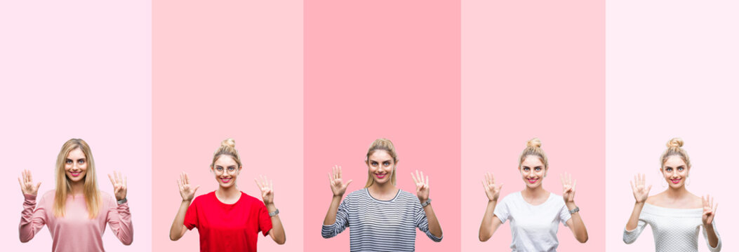Collage of young beautiful blonde woman over vivid colorful vintage pink isolated background showing and pointing up with fingers number nine while smiling confident and happy.