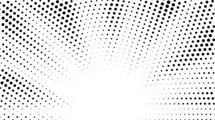 Halftone gradient sun rays pattern. Abstract halftone vector dots background. Monochrome dots pattern. Pop Art, Comic small dots. Star rays radial halftone poster. Shine explosion. Space, sunrise rays