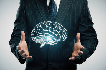 double exposure of human brain sketch and man hand. Brainstorming concept.