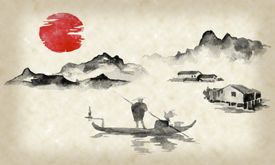 Japan traditional sumi-e painting. Indian ink illustration. Man and boat. Sunset, dusk. Japanese picture.