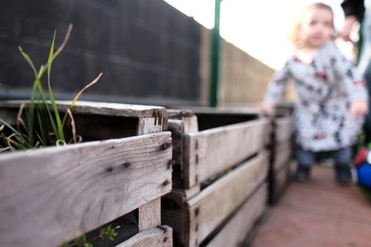 Toddler girl in an urban garden, eco gardening