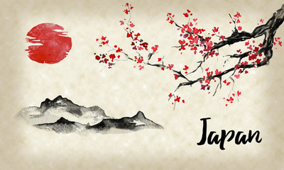Japan traditional sumi-e painting. Sakura, cherry blossom. Mountain and sunset. Indian ink illustration. Japanese picture.