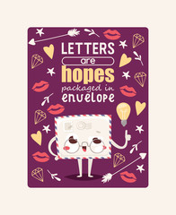 Mail envelope vector mailed post emoticon mailing lovely message letter kawaii email character with lips heart star backdrop illustration background poster